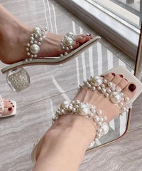 White Peep Toe Chunky Splicing Nail Bead Slide Sandals