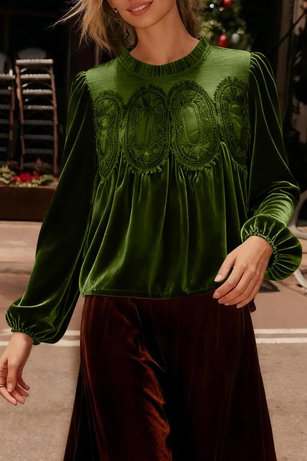 Velvet and Lace Patchwork Loose Long-sleeved Top