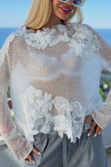 Lace Floral Casual Knit See-through Long-sleeved Top
