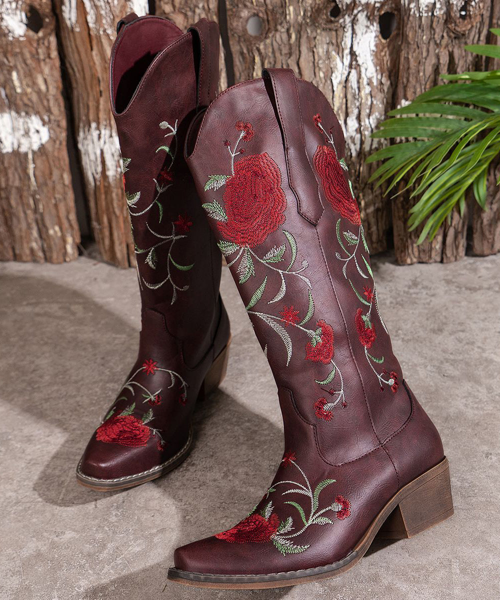 Wine Red Embossed Zippered Faux Leather Elegant Chunky Boots