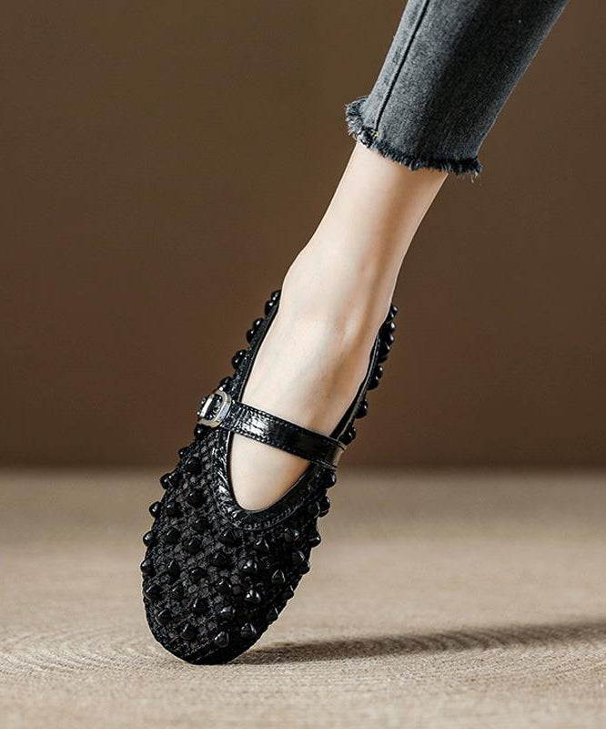 Champagne Breathable Mesh Nail Bead Flats Splicing Cowhide Leather