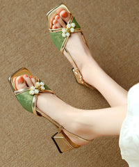 Chunky Sandals Green Cowhide Leather Peep Toe