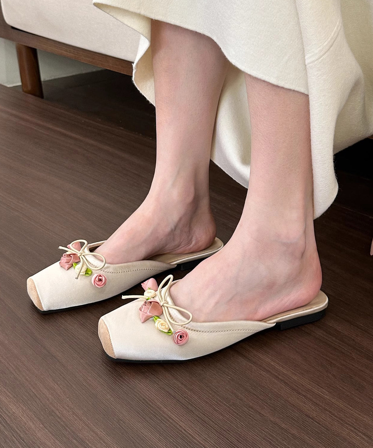 Apricot Square Head Rose Slide Sandals