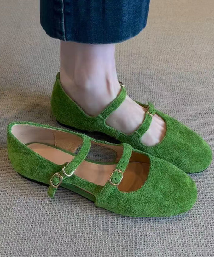 Casual Buckle Strap Splicing Flat Feet Shoes Green Suede