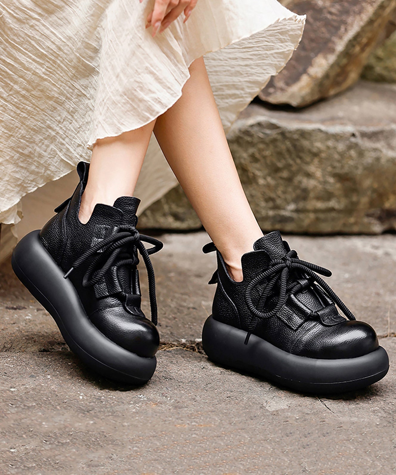 Coffee Platform Cowhide Leather Boho Splicing Boots Lace Up