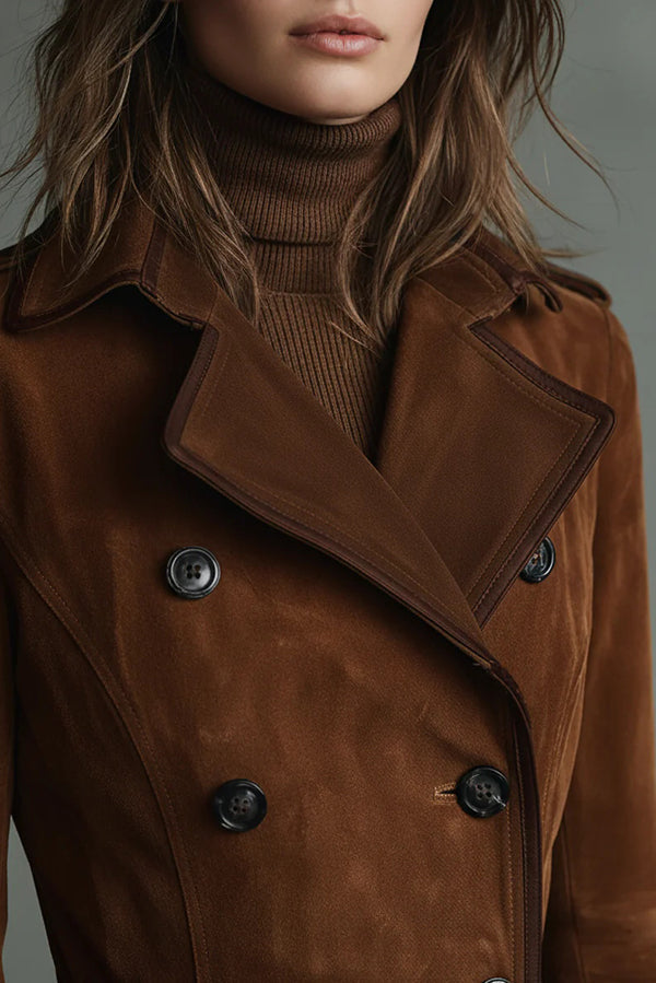 Suede Lapel Button Casual Pocket Long Trench Coat