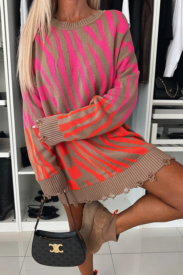 Knit Zebra Geometric Pattern Frayed Hem Loose Sweater