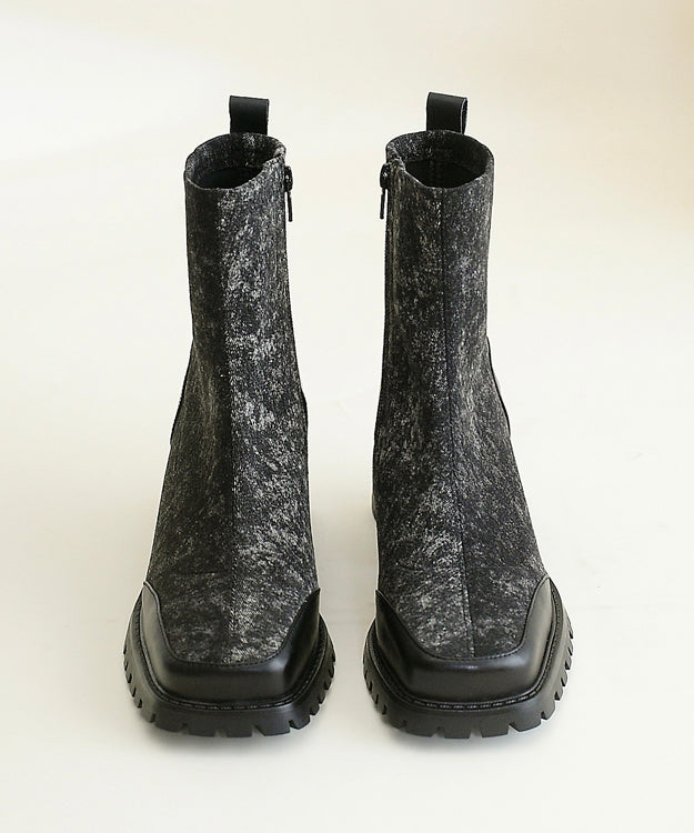 Beautiful Blue Cowhide Leather Splicing Chunky Boots