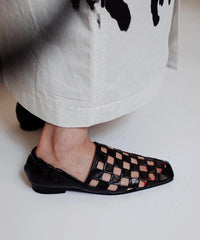 Black Cowhide Leather Hollow Out Loafer Shoes Splicing