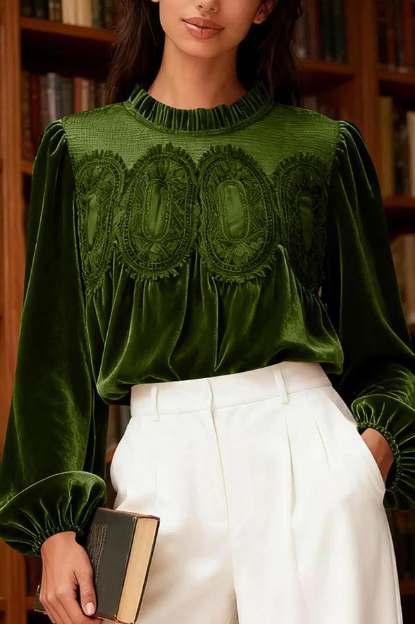 Velvet and Lace Patchwork Loose Long-sleeved Top