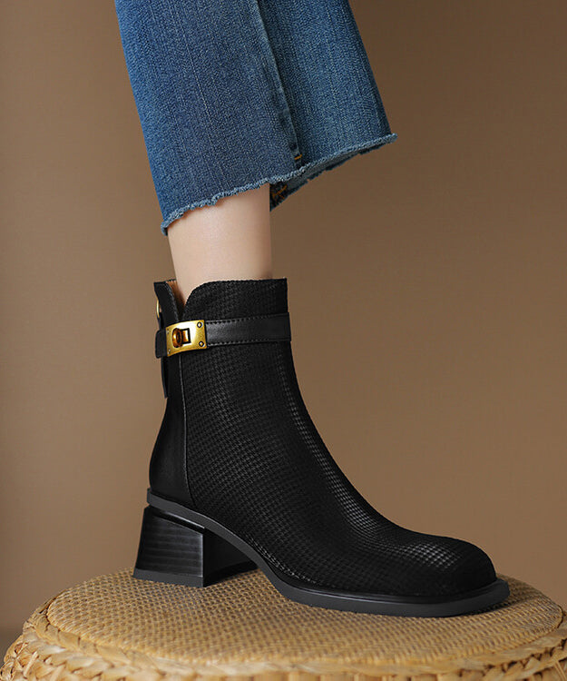 Zippered Splicing Chunky Boots Khaki Cowhide Leather