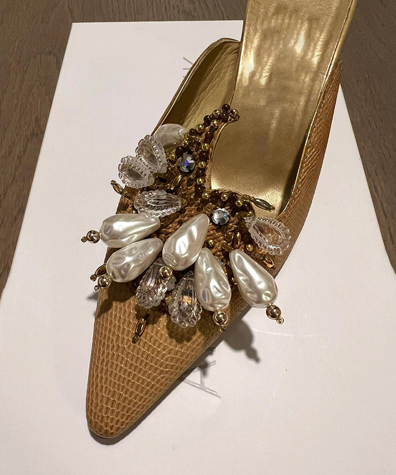 Golden Slide Sandals French Pointed Toe Bead Decorated