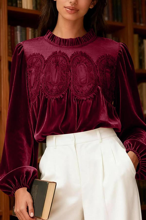 Velvet and Lace Patchwork Loose Long-sleeved Top
