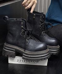 Khaki Chunky Faux Leather New Splicing Lace Up Boots