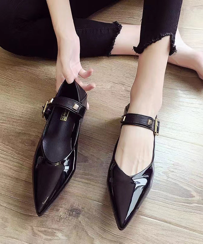 Black Flat Feet Shoes Faux Leather Splicing Buckle Strap