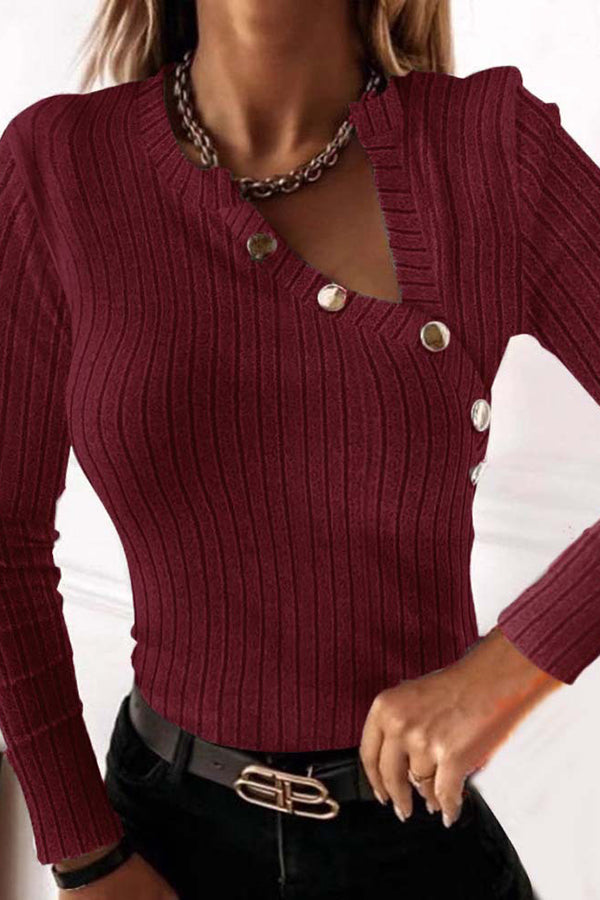 Long-sleeved V-neck Metal Button Slim Fit Top