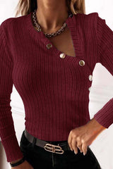 Long-sleeved V-neck Metal Button Slim Fit Top
