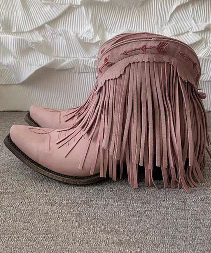 Boho Splicing Chunky Boots Embroidered Pink Faux Leather