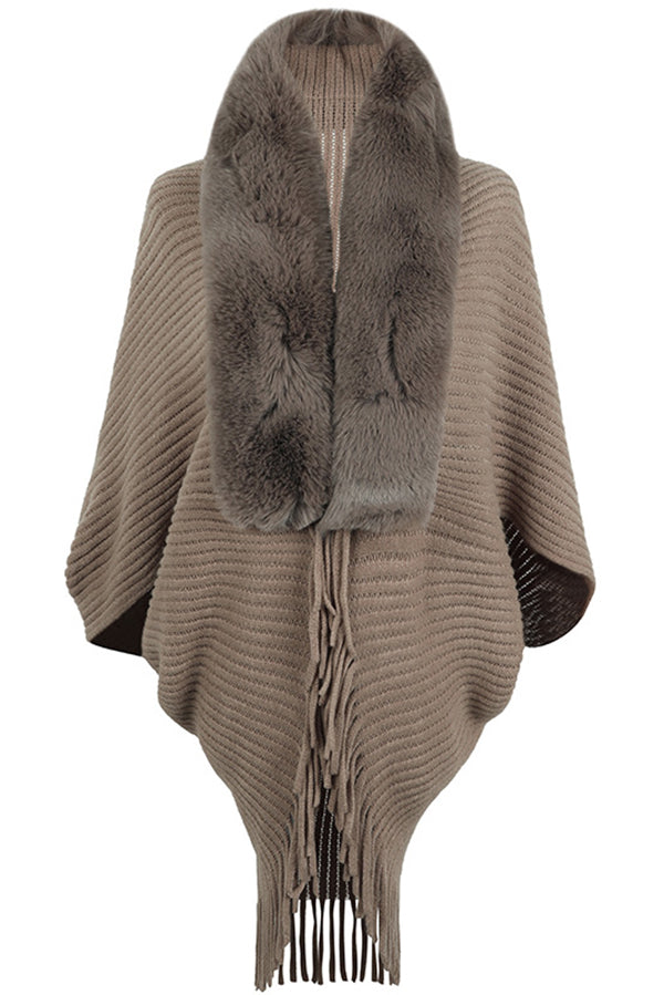Fur Collar Tassel Hem Knitted Shawl Cape