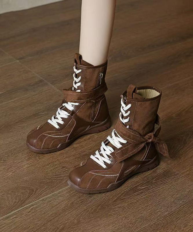 Stylish Brown Suede Lace Up Splicing Boots