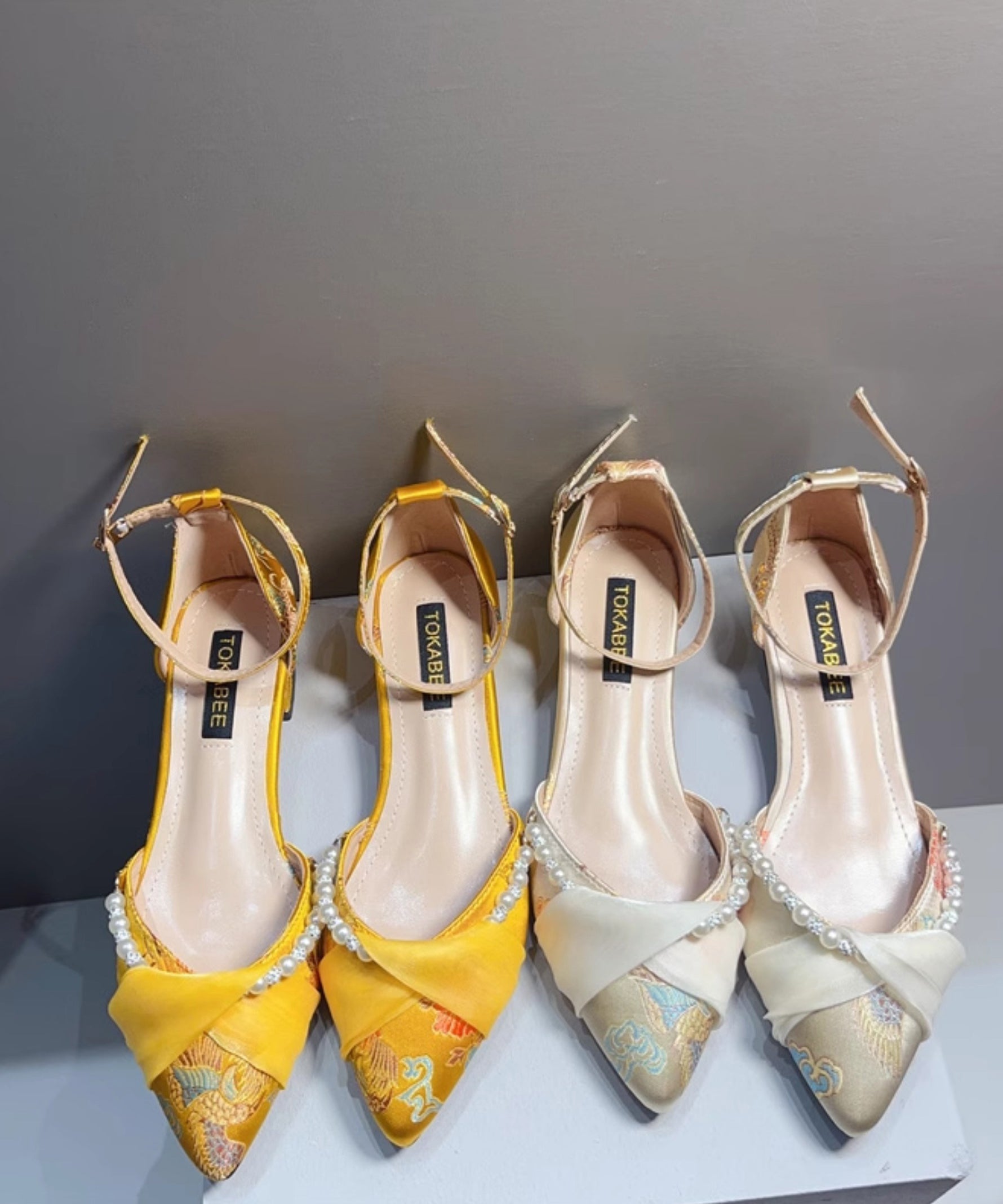 Yellow Embroidered Pearl Chunky Heel Sandals Pointed Toe