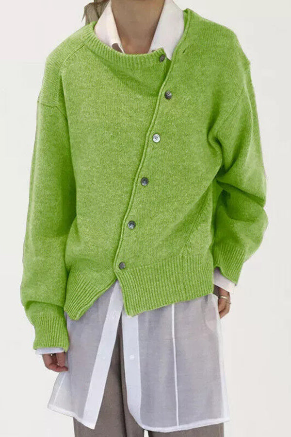 Irregular Button Knitted Crew Neck Sweater