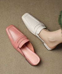 Beige Chunky Cowhide Leather Elegant Splicing Slide Sandals