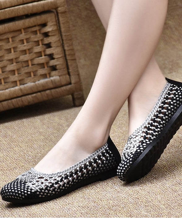 Handmade Pointed Toe Flat Shoes For Beige Chocolate Knit Fabric Flats