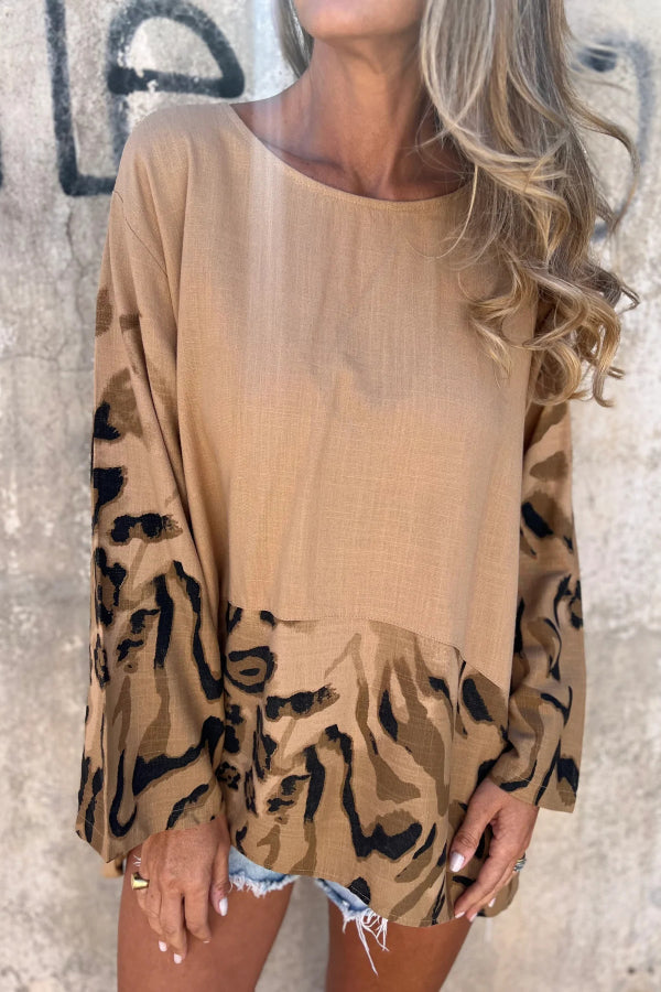 Leopard Print Loose-fitting Round Neck Long-sleeved Casual Top