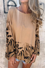 Leopard Print Loose-fitting Round Neck Long-sleeved Casual Top