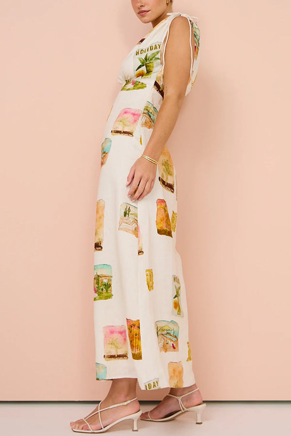Art Linen Blend Unique Print Drawstring Shoulder Loose Maxi Dress