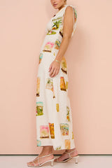Art Linen Blend Unique Print Drawstring Shoulder Loose Maxi Dress