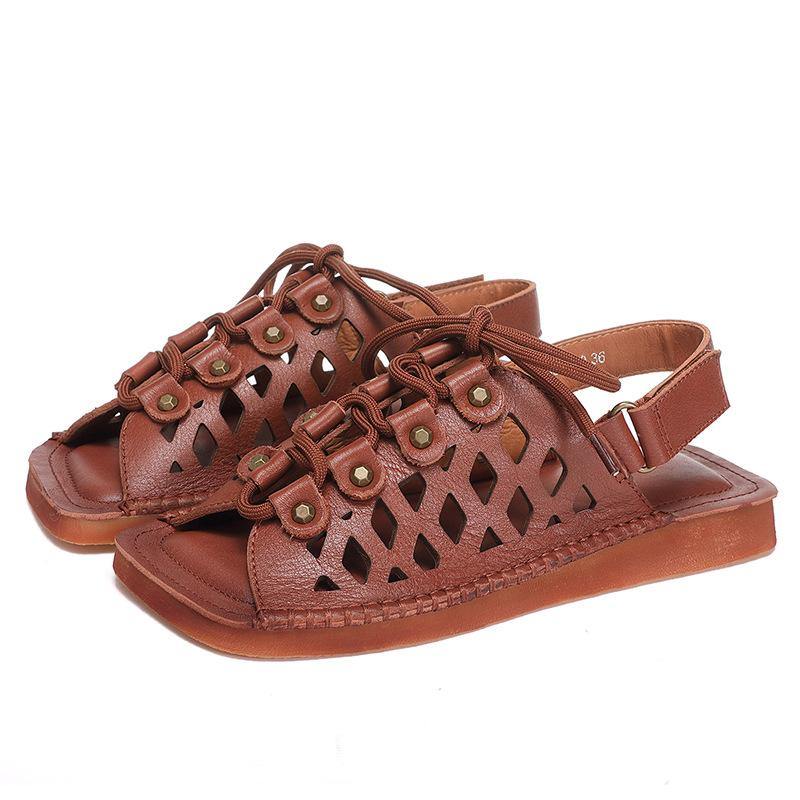 Chocolate Lace Up Flat Sandals Cowhide Leather