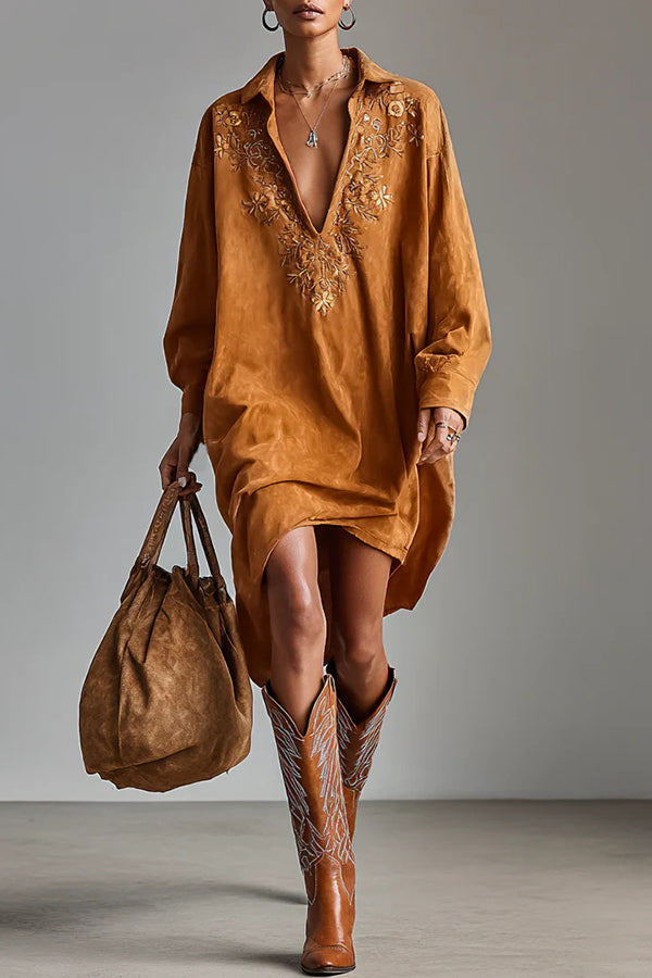 Embroidered Loose Suede Long-sleeved Casual Mini Dress