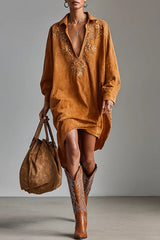 Embroidered Loose Suede Long-sleeved Casual Mini Dress