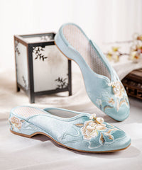 White Slide Sandals Chunky Cotton Fabric Comfortable Embroideried Splicing