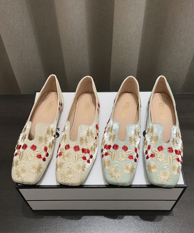 Embroidered Flat Shoes Apricot Cotton Fabric