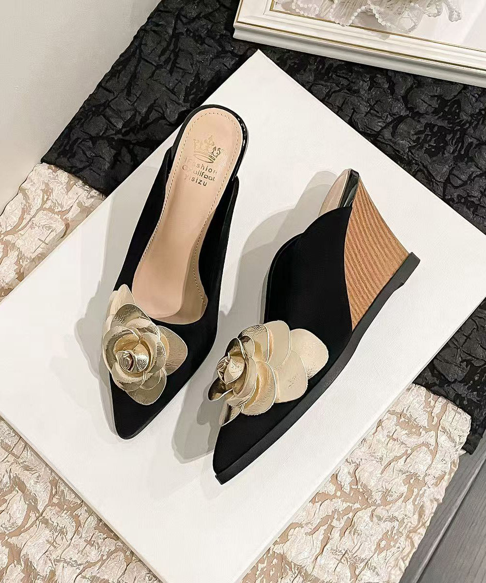 Classy Floral Splicing Wedge Heels Black Suede Slide Sandals