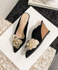Classy Floral Splicing Wedge Heels Black Suede Slide Sandals