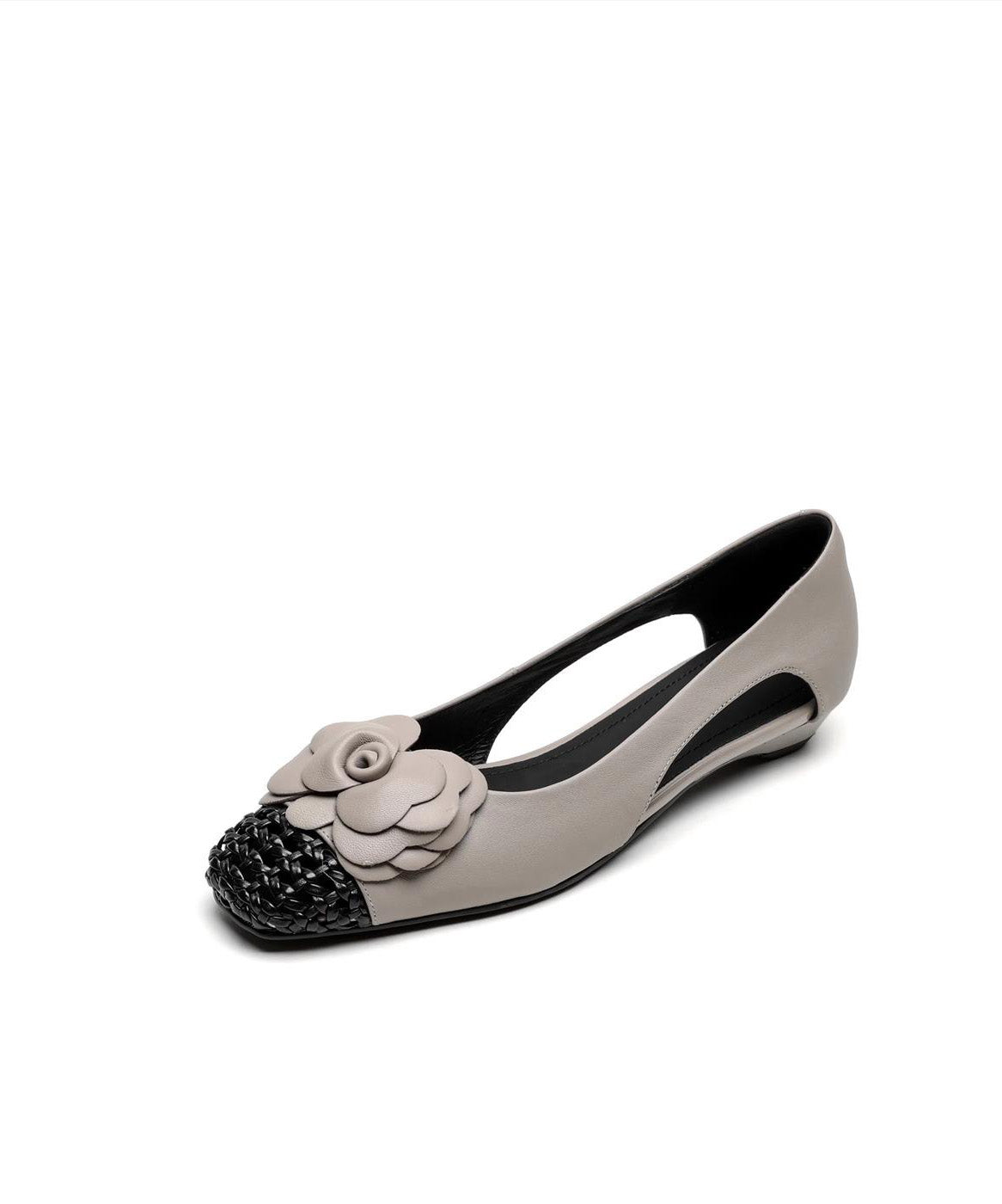 Grey Flat Shoes For Women Cowhide Leather Soft Splicing Floral