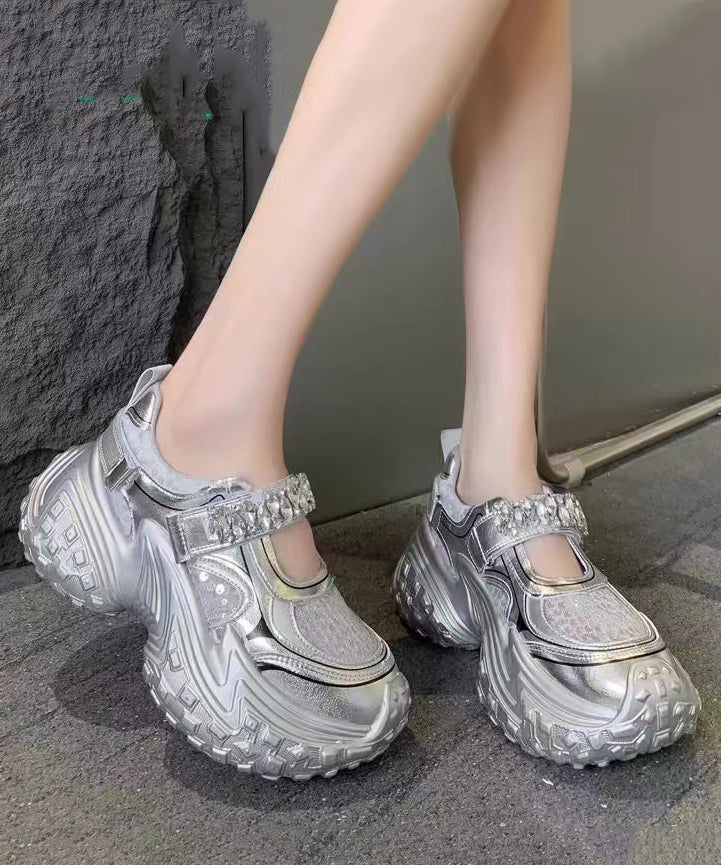Silver Platform Sequins Zircon Breathable Mesh Sport Shoes