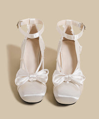 French White Bow Buckle Strap Splicing Satin Chunky Heel Shoes