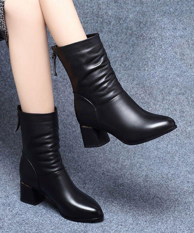 Black High Heel Genuine Leather Splicing Ankle Boots
