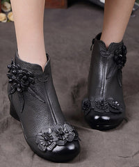 Red Chunky Cowhide Leather Comfy Floral Splicing Boots