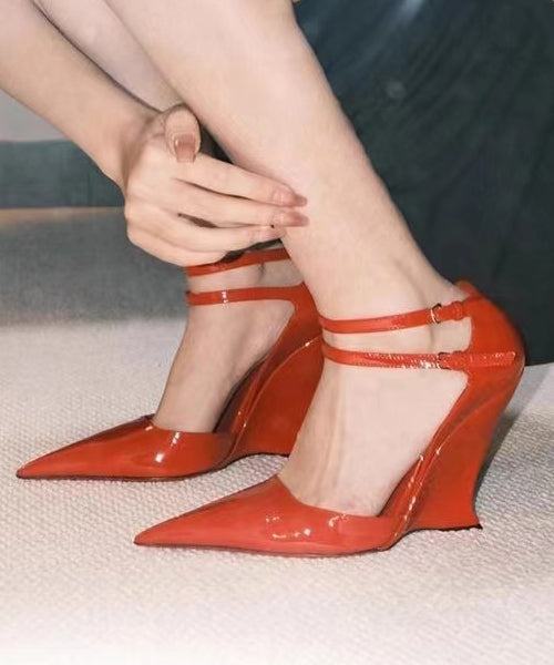 Black Splicing Buckle Strap Wedge Sandals Pointed Toe