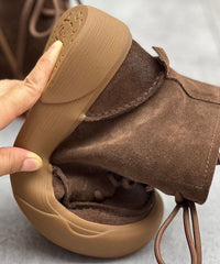 Coffee Cowhide Leather Boots Vintage Zippered Lace Up Mountaineering Boots