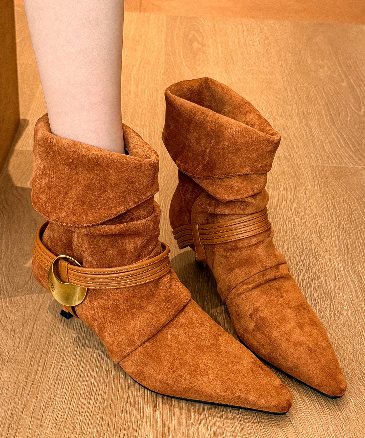 Chic Splicing High Heel Boots Black Suede Pointed Toe