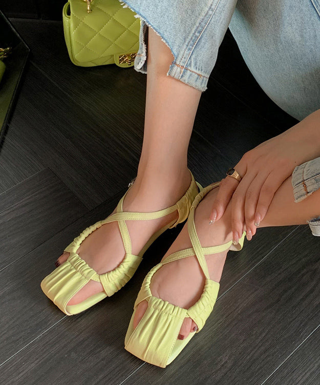 Green Hollow Out Flat Sandals Sheepskin Stylish Splicing