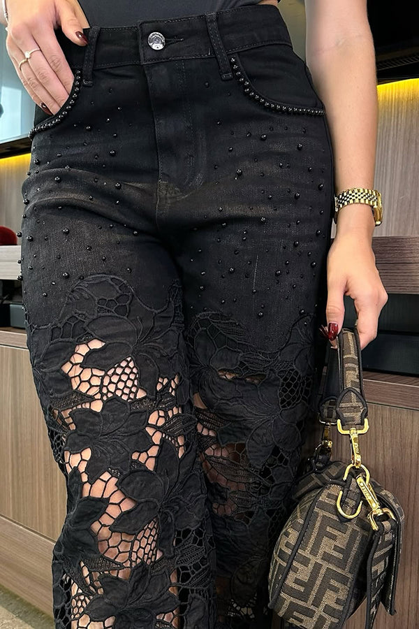 Openwork Lace Patchwork Wide-leg Jeans