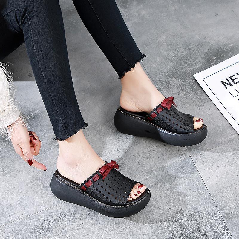 Leather Vintage Hollow Out Wedge Casual Slippers